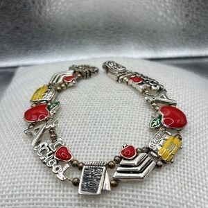 Teachers Beaded Slide Bracelet with Red Apple and Yellow School Bus Charm